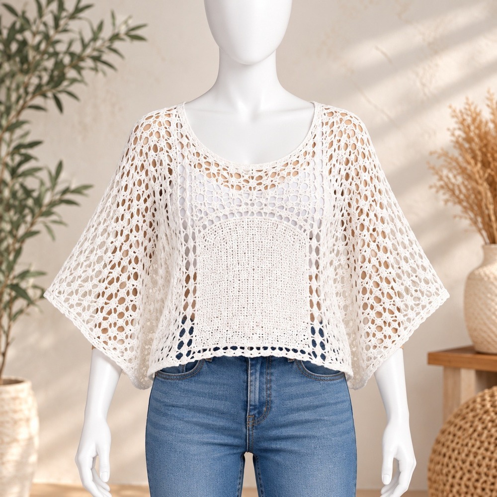 Isabella Rose Crochet Shrug Top Womens Small White Batwing Open Knit Boho